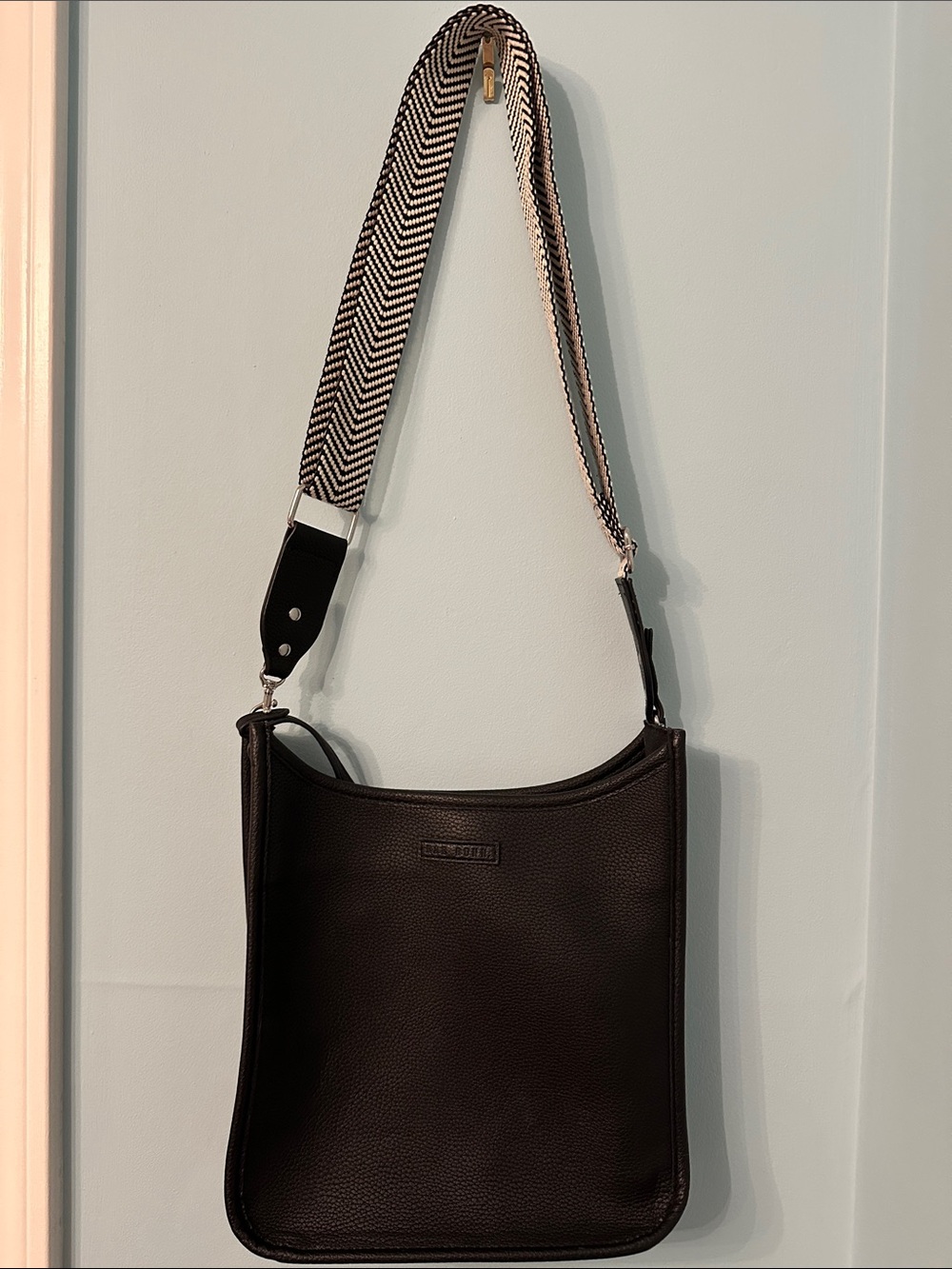Black Pebbled Leather Crossbody Bag with Patterned Strap